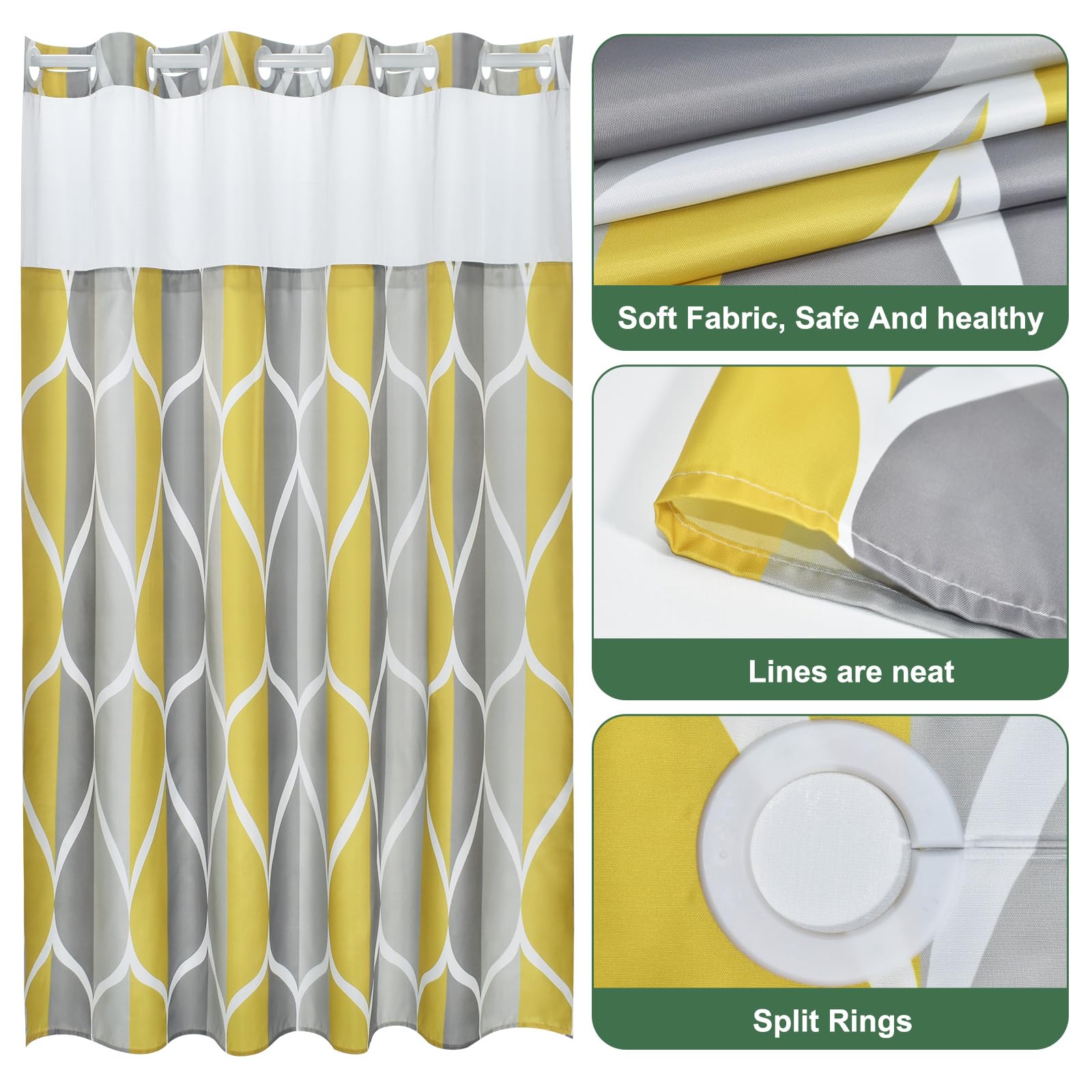Yiatn Gray Yellow No Hook Shower Curtain With Liner Attached - Hotel Style With See Through Mesh Top Window, Modern Geometric Wa